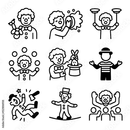 Clown Performance Icons. Outline icon set of clown performances: balloon animal twist, pie throw, plate spinning, juggling act,