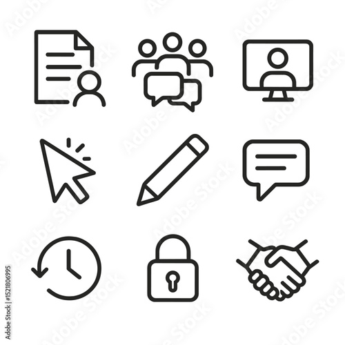 Collaborative Tools Icons. Outline icon set of collaborative tools: shared document, group chat, video conference, real-time