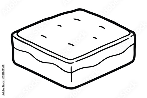Cartoon Mattress with Tufts Black Outline Drawing of Bedroom Furniture Perspective View