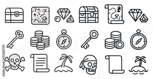 Treasure hunt icons collection for pirate adventure designs