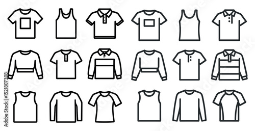 Stylish outline icons of casual shirts and tops for fashion design projects