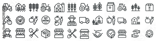 Farming and agriculture line icons set for organic produce and farm management