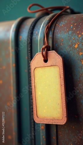 Brightly colored luggage tag hanging from a vintage-style suitcase handle, ready for travel adventures Perfect for travel, vacation, and wanderlust themes , packing list, accessories, explore