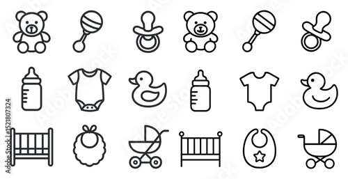 Baby essentials icon set for nursery and playroom designs