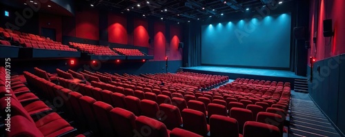 A modern auditorium with tiered seating, excellent acoustics, and state-of-the-art sound system, ready for a presentation or performance , stage, acoustics