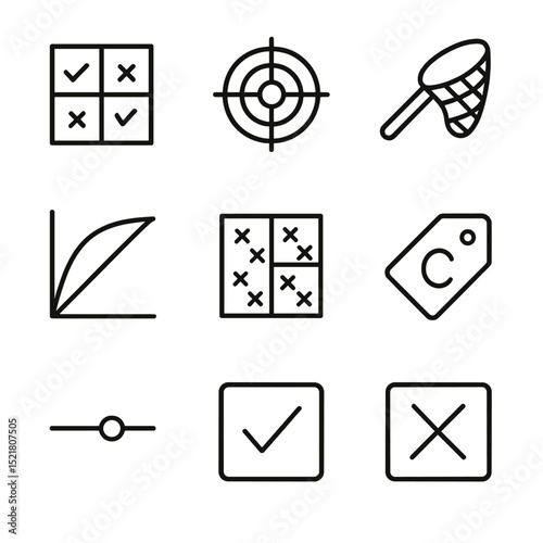 Icon Outline Set. Outline icon set of classification tasks: confusion matrix, precision target, recall net, ROC curve, decision
