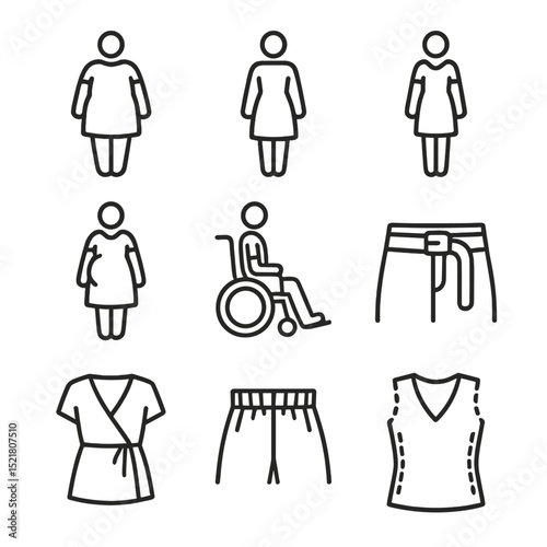 Inclusive Sizing Icons. Outline icon set of inclusive sizing silhouettes: plus-size model, petite frame, tall height, maternity
