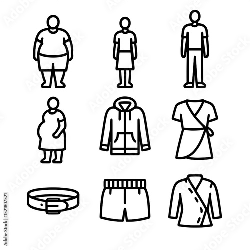 Inclusive Sizing Icons. Outline icon set of inclusive sizing silhouettes: plus-size model, petite frame, tall height, maternity