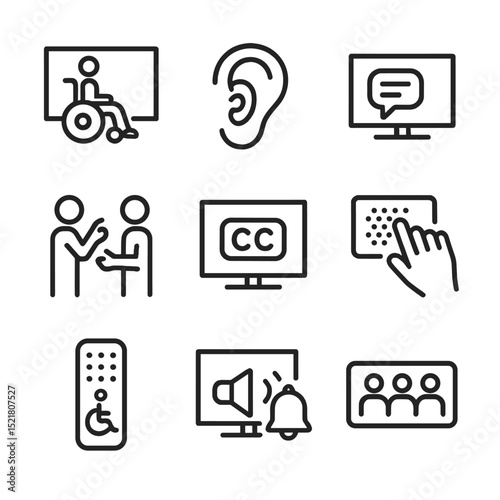 Inclusive TV Series Icons. Outline icon set of TV series with disabled characters: actor in wheelchair, hearing aid,