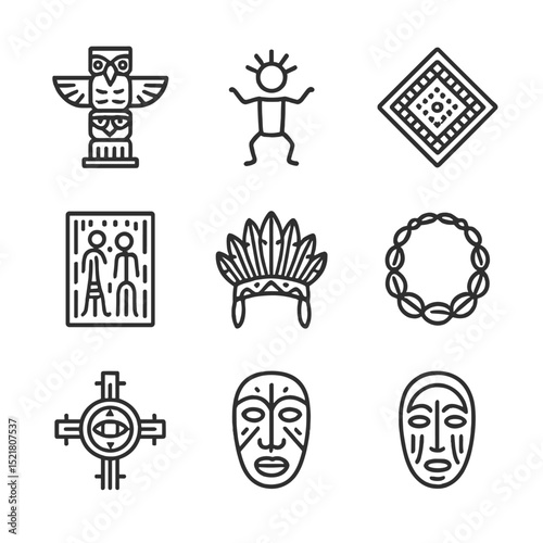 Indigenous Art Icons. Outline icon set of indigenous art motifs: totem pole, petroglyph, woven basket pattern, beadwork design,