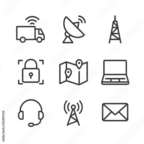 Command Vehicle Icons. Outline icon set of communications and command vehicles: radio communication truck, satellite dish, antenna