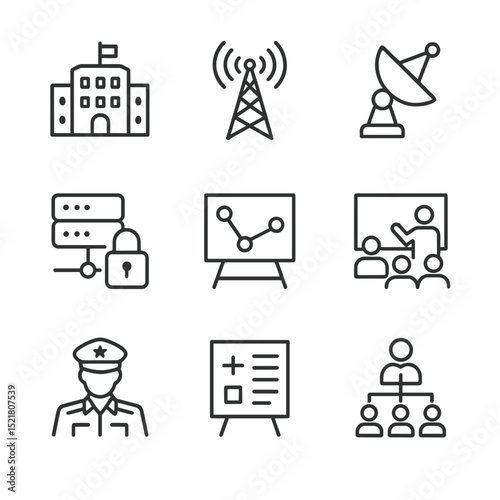 Command and Nature Icons. Outline icon set of command and control networks: HQ building, radio mast, satellite uplink, secure