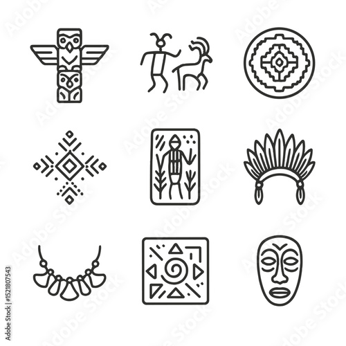 Indigenous Art Icons. Outline icon set of indigenous art motifs: totem pole, petroglyph, woven basket pattern, beadwork design,