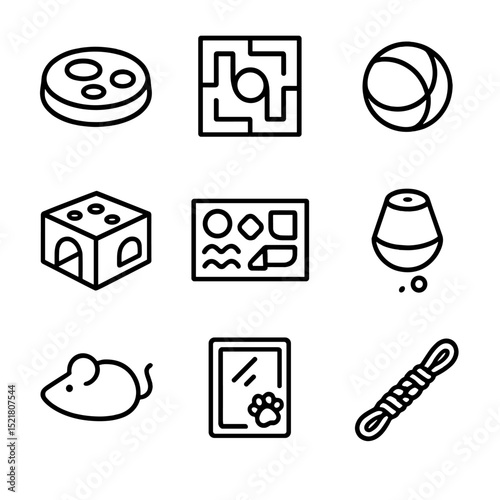 Indoor Pet Games Icons. Outline icon set of indoor pet games: puzzle feeder, treat maze, rolling ball, hide-and-seek box,