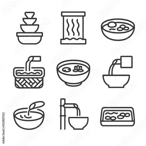 Indoor Water Feature Icons. Outline icon set of indoor water features: tabletop fountain, wall waterfall, pebble basin, rattan