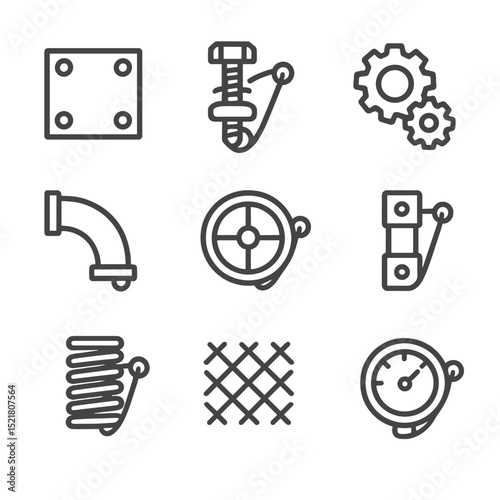 Industrial Chic Brooches. Outline icon set of industrial chic brooches: riveted plate, bolt and nut pin, small gear cluster, pipe