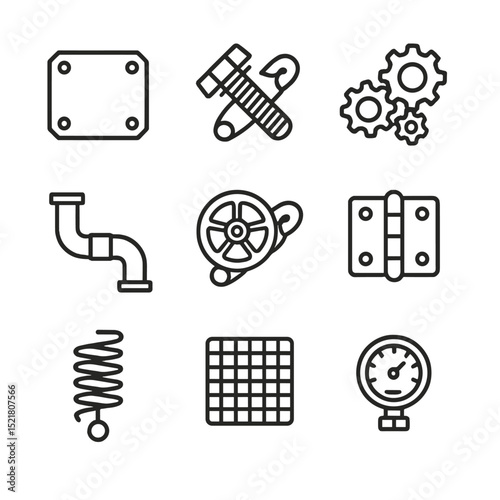 Industrial Chic Brooches. Outline icon set of industrial chic brooches: riveted plate, bolt and nut pin, small gear cluster, pipe