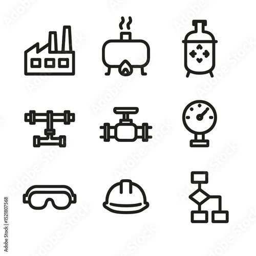 Industrial Hydrogen Icons. Outline icon set of industrial hydrogen integration: factory silhouette, steam boiler, reaction vessel,