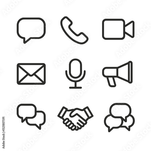 Communication Icons Set. Outline icon set of effective communication trust: chat bubble, phone receiver, video call icon, envelope