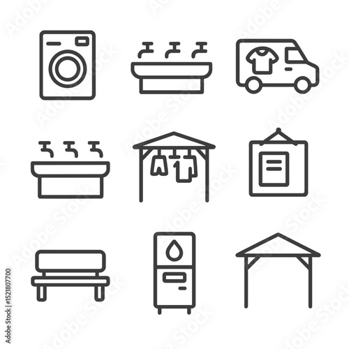 Community Wash Station Icons. Outline icon set of community wash stations: coin-op tub, public wash trough, laundry van, water tap