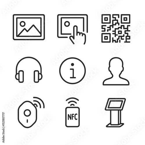 Interactive Gallery Icons. Outline icon set of interactive gallery display: digital frame, touchscreen overlay, QR code icon,