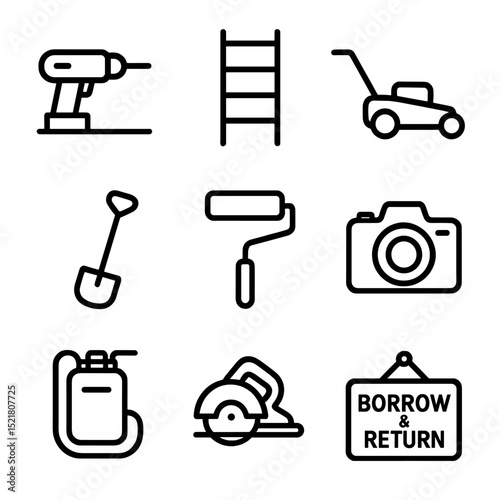 Community Tool Icons. Outline icon set of community tool libraries: drill on shelf, ladder rack, lawn mower, gardening hoe, paint