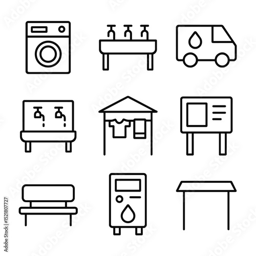 Community Wash Station Icons. Outline icon set of community wash stations: coin-op tub, public wash trough, laundry van, water tap