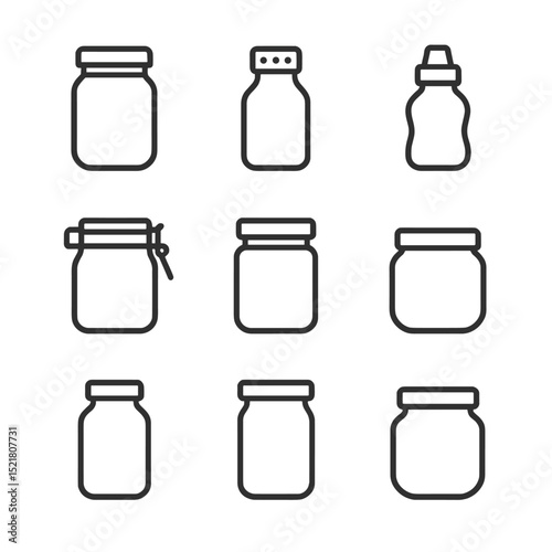 Jar Icon Collection. Outline icon set of empty jar container types: mason jar, spice jar, condiment jar, preserving jar, paint jar