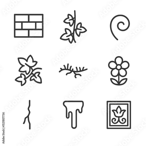 Ivy Wall Icons. Outline icon set of ivy-covered wall: brick wall, climbing ivy, tendril curl, leaf cluster, creeping moss, small