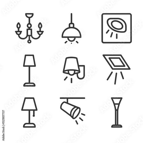Interior Lighting Icons. Outline icon set of interior lighting for architectural photography: chandelier, pendant light, recessed
