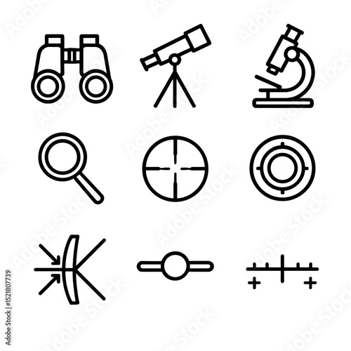 Optics Icon Set. Outline icon set of vision and optics concepts: binoculars lenses, telescope eyepiece, microscope ocular,