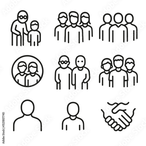 Intergenerational Icon Set. Outline icon set of intergenerational participants: grandparent-child duo, teenager group, adult trio,