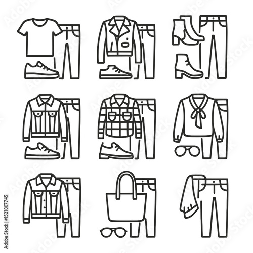 Jean Outfit Icons. Outline icon set of jean outfit pairings: white tee, leather jacket, ankle boots, canvas sneakers, plaid shirt,