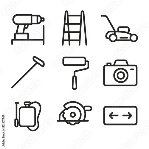 Community Tool Icons. Outline icon set of community tool libraries: drill on shelf, ladder rack, lawn mower, gardening hoe, paint