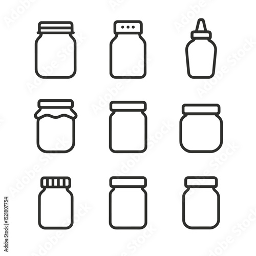 Jar Icon Collection. Outline icon set of empty jar container types: mason jar, spice jar, condiment jar, preserving jar, paint jar