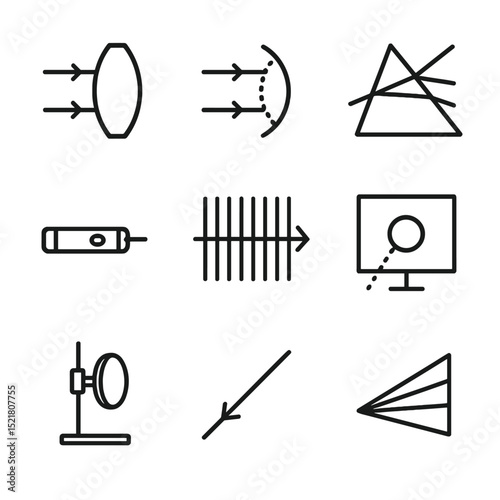 Optics Icon Set. Outline icon set of optics and light demonstrations: convex lens, concave mirror, prism, laser pointer,