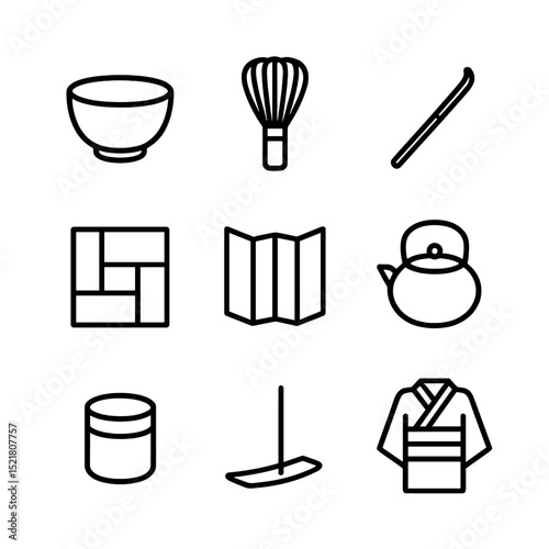 Japanese Tea Ceremony Icons. Outline icon set of Japanese tea ceremony: tea bowl, tea whisk, tea scoop, tatami mat, tea kettle,