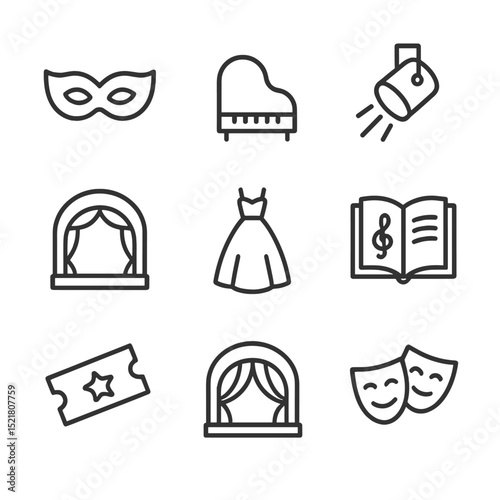 Opera Icon Set. Outline icon set of opera performances: opera mask, grand piano, arched stage, spotlight beam, costume gown,