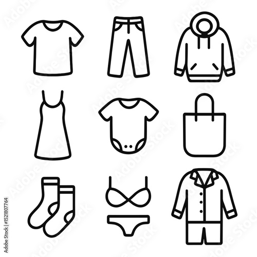 Organic Cotton Icons. Outline icon set of organic cotton garments: T-shirt, denim jeans, hoodie, dress, baby onesie, tote bag,