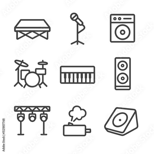 Concert Stage Icons. Outline icon set of live concert stage: stage platform, microphone stand, guitar amp, drum kit, keyboard,
