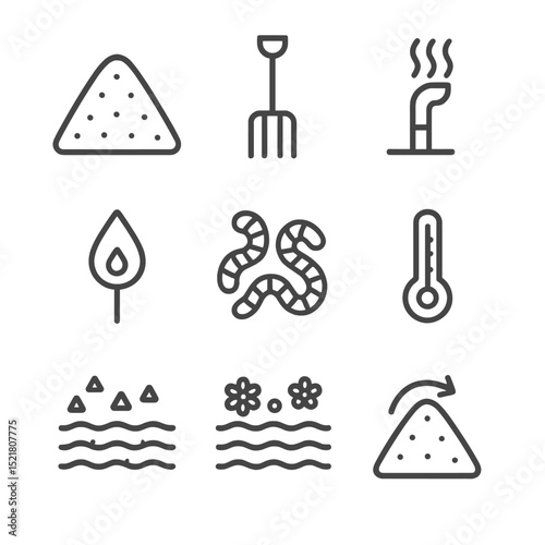 Composting Essentials Icons. Outline icon set of composting ground essentials: compost heap, pitchfork, ventilation pipe, moisture