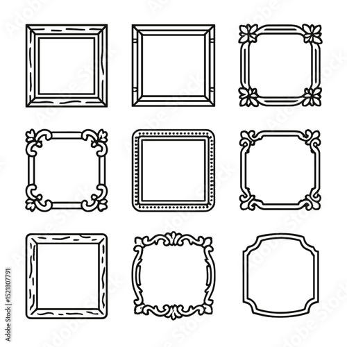 Ornate Frame Icon Set. Outline icon set of ornate vintage frames: carved wood frame, gilded border, floral motif, rococo scroll,