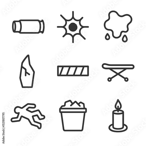 Conflict Aftermath Icons. Outline icon set of conflict aftermath details: spent shell casing, bullet hole wall, bloodstain outline