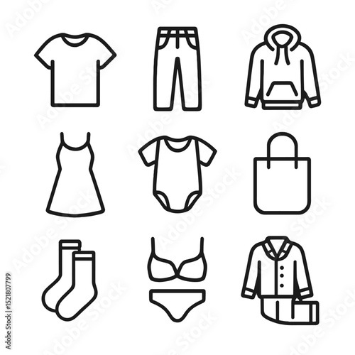 Organic Cotton Icons. Outline icon set of organic cotton garments: T-shirt, denim jeans, hoodie, dress, baby onesie, tote bag,