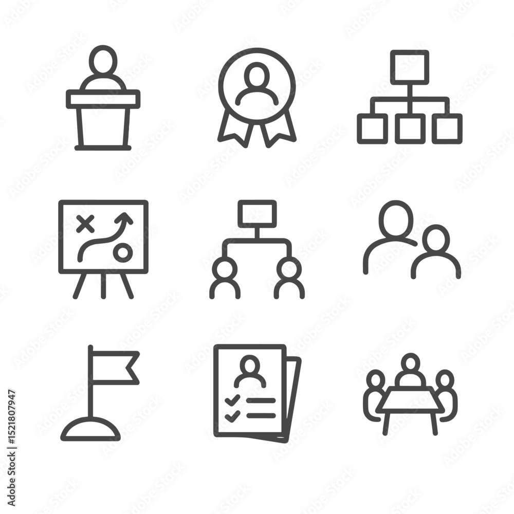 Leadership Icons Set. Outline icon set of leadership and management training: podium, leadership badge, organizational chart,