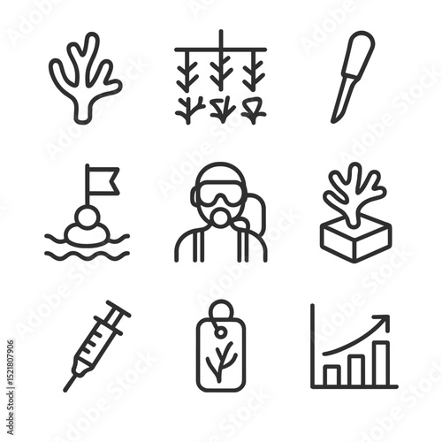 Coral Restoration Icons. Outline icon set of coral restoration techniques: coral fragment, nursery frame, planting tool, buoy