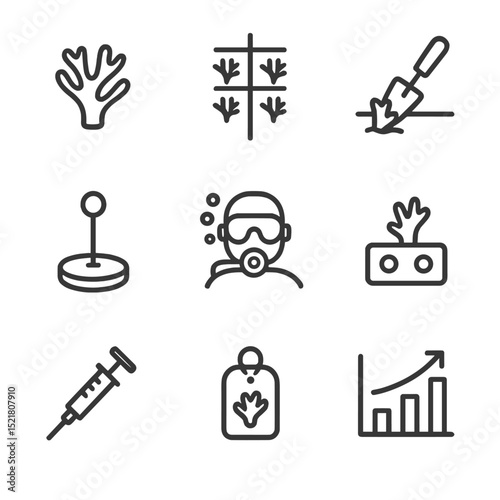 Coral Restoration Icons. Outline icon set of coral restoration techniques: coral fragment, nursery frame, planting tool, buoy
