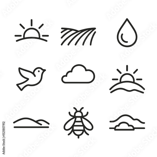 Lavender Sunrise Icons. Outline icon set of lavender field at sunrise: rising sun, lavender rows, dew drop, horizon line, bird