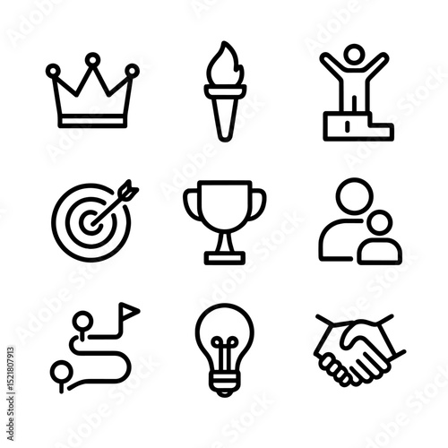 Leadership Icon Set. Outline icon set of leadership development coaching: crown, torch, podium, target, trophy, mentor figure,