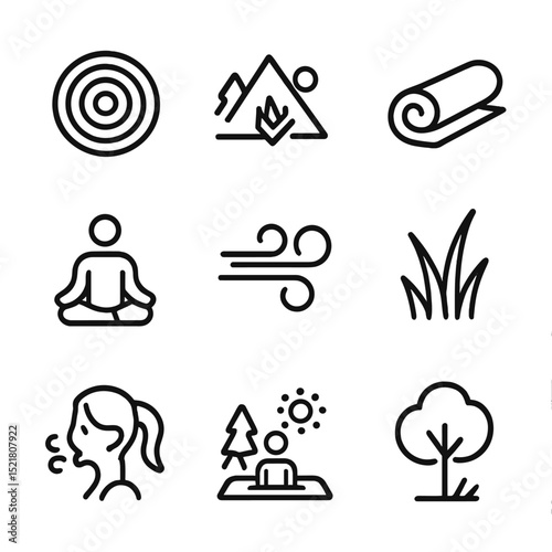 Outdoor Yoga Icon Set. Outline icon set of outdoor yoga retreat: zen, nature, yoga mat, relaxation, wind, grass, breathing,